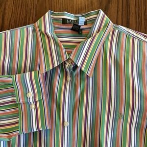 Lauren Ralph Lauren Women's 1X Striped Button Shirt Long Sleeve Y2K Roll Tab EUC